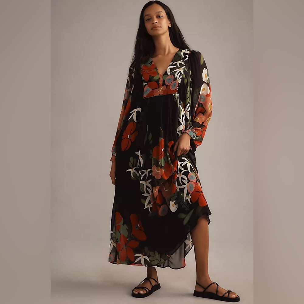 Farm RIO x Anthropologie long sleeve v neck floral Maxi Dress